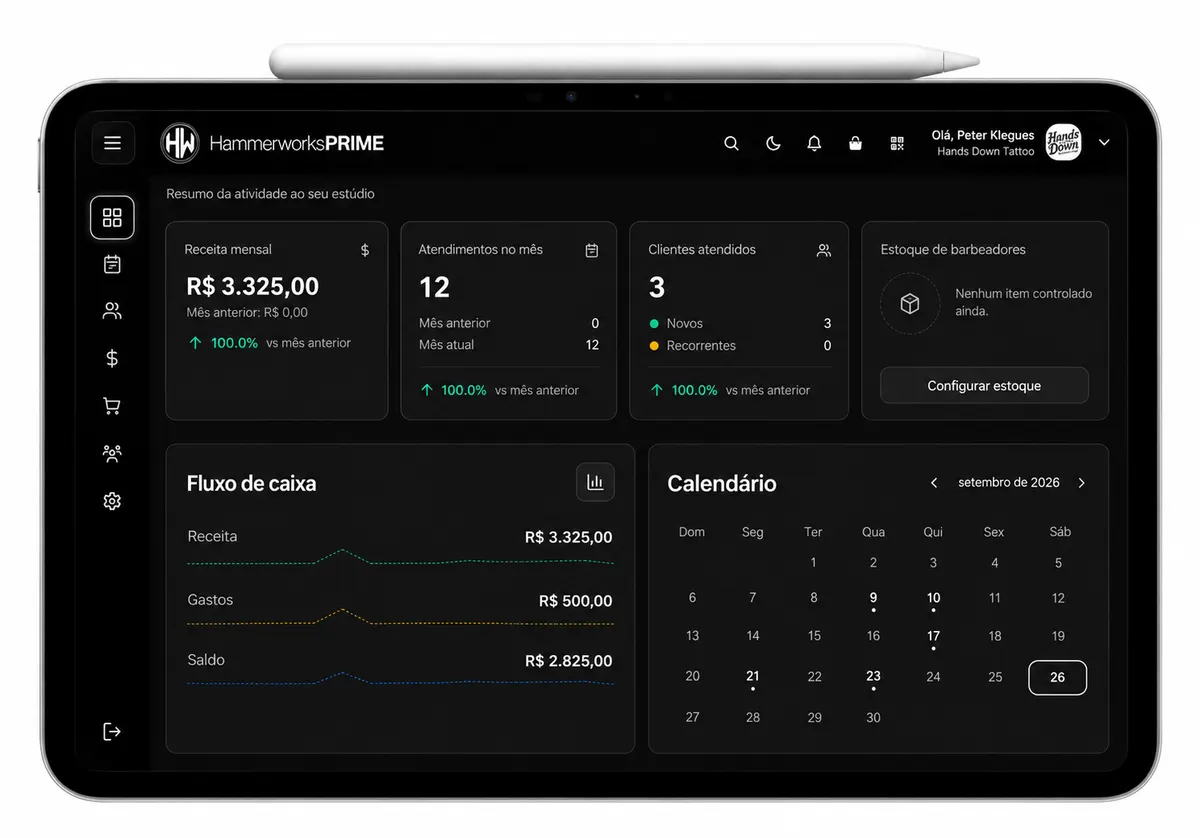 Tablet com o dashboard do Hammerworks Prime: receita mensal, atendimentos no mês, clientes atendidos, fluxo de caixa e calendário